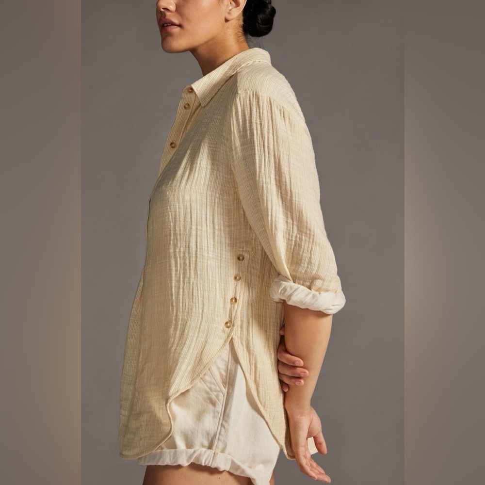 Anthropologie Yellow Cotton V Neck Long Sleeve Shirt M
